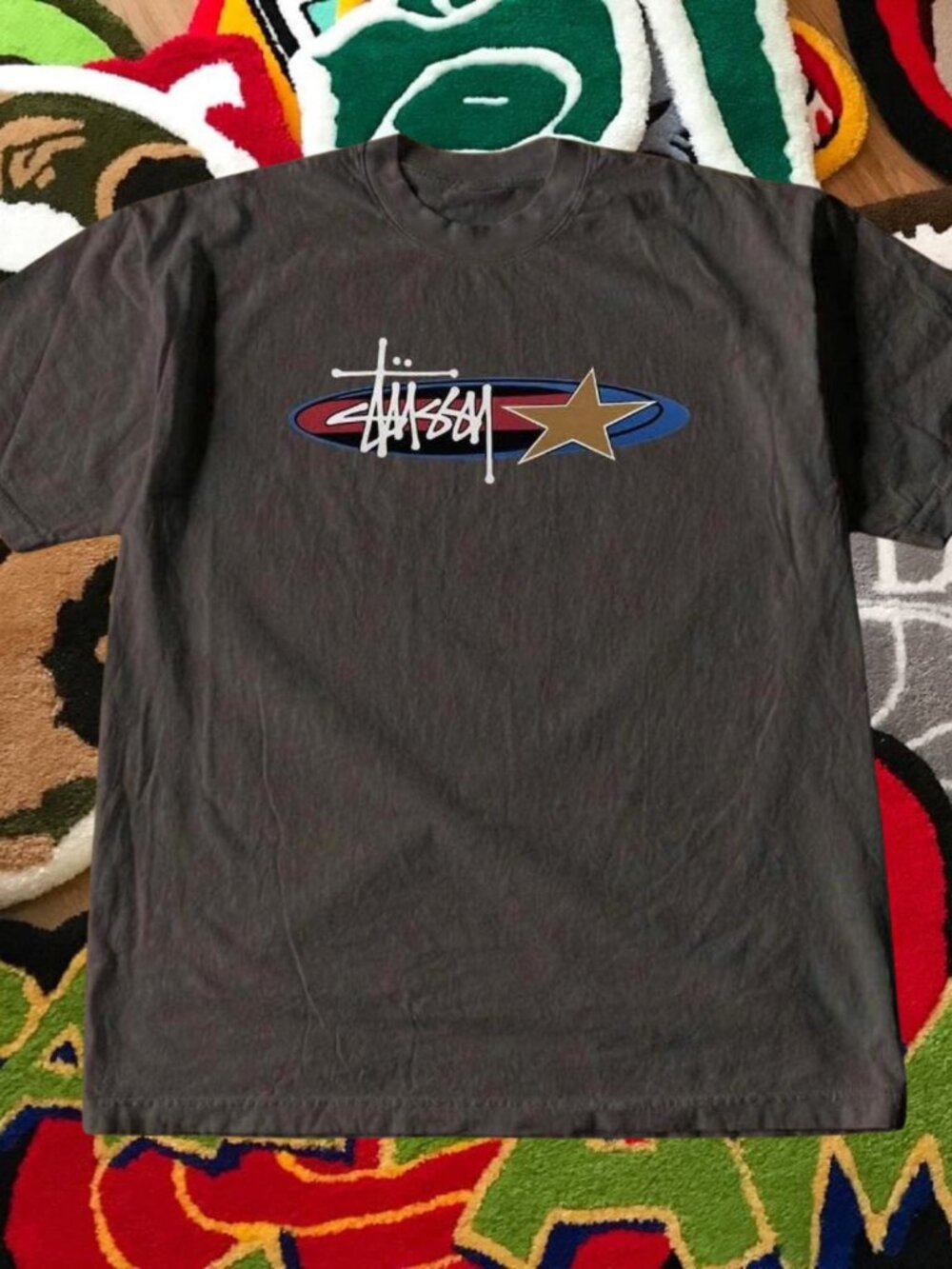 Stussy Star Logo Script T-Shirt Dark Grey Graphic Tee Streetwear Top Unisex